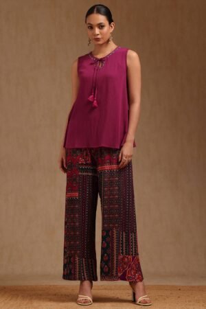 Magenta Rayon Crepe Solid Co-Ord Set With Beads