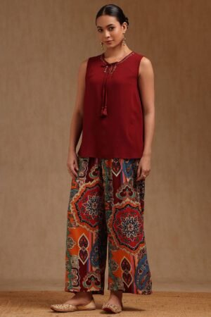 Maroon Rayon Crepe Solid Co-Ord Set With Beads