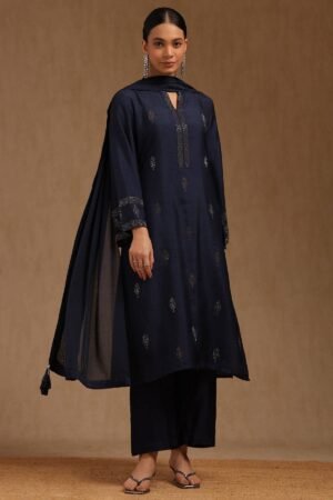 Navy Blue Dola Silk Stone Work Embellished Suit Set