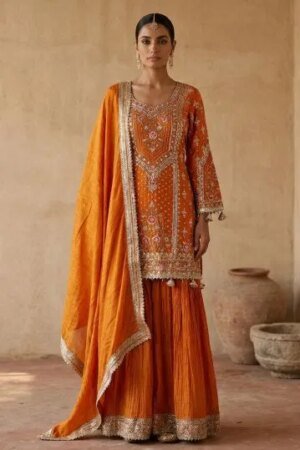 Orange Cutdana Embroidered Tissue Sharara Suit-Jk3090