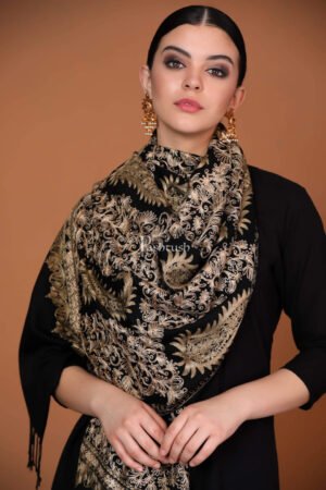 Womens Fine Wool Silky Nalki Embroidery Needlework Stole Black 2