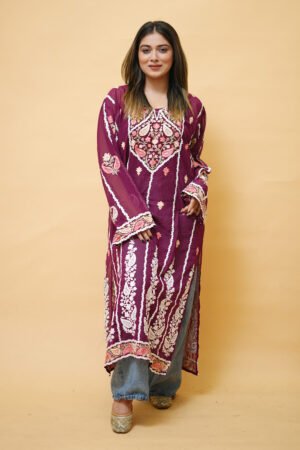 Purple Lining  Kashmiri Kurti With Multicolour All Over Front And Back Embroidery.
