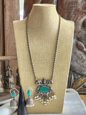 Cyan German Silver Necklace With Jhumkas