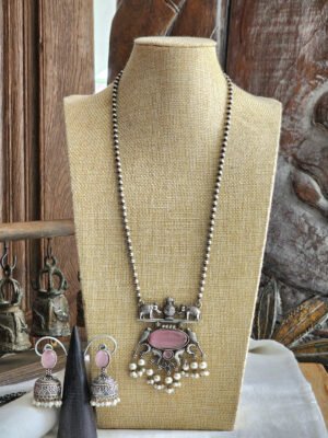 Pink German Silver Necklace With Jhumkas