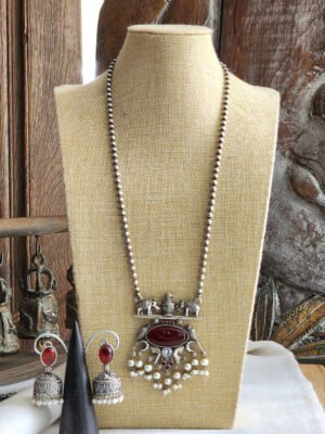 Red German Silver Necklace With Jhumkas