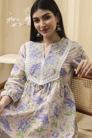 Ice Blue Cotton Floral Flared Short Kurta