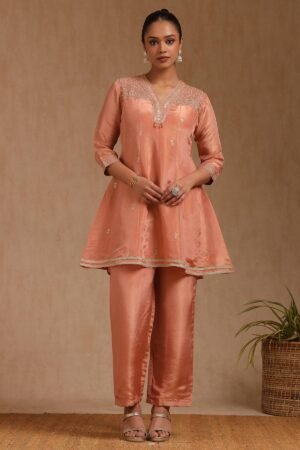 Rust Tissue Embroidered Kurta Set With Sequins