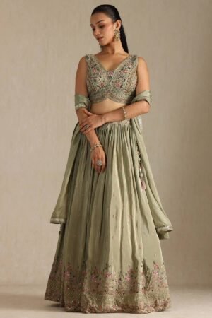 Sap Green Crepe Embroidered Lehenga With Mirror And Cutdana