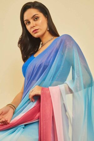 Blue Chiffon Ombre Print Saree With Tassels