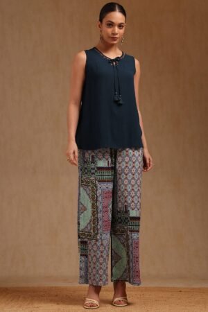 Teal Blue Rayon Crepe Solid Co-Ord Set With Beads