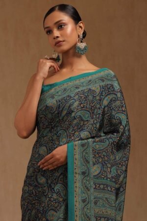 Teal Green Crepe Paisley Print Saree