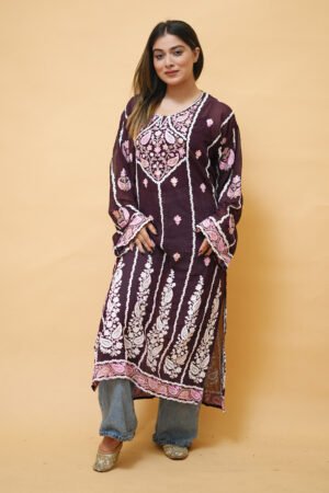 Wine  Lining  Kashmiri Kurti With Multicolour All Over Front And Back Embroidery.