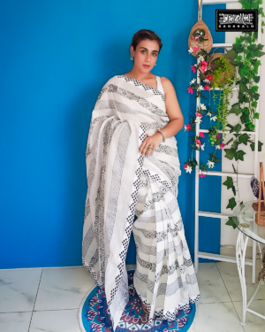 New Collection Block Printed Half Silk White Color Sharee
