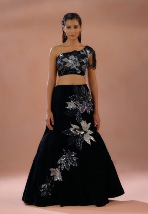Inayat - Black Velvet Lehenga With Sparkling Sequin & Zircan Detailing