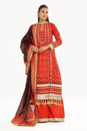 3 Piece Unstitched Zari Embroidered Lawn Suit With Gold Lacquer Printed Lawn Dupatta