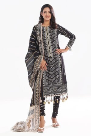 3 Piece Unstitched Zari Embroidered Lawn Suit With Gold Lacquer Printed Lawn Dupatta