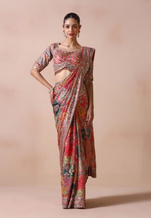 Multicolour Heritage Patchwork Saree With Embellished Blouse