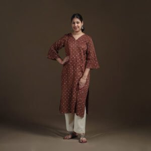 Brown - Bandhani Tie-Dye Cotton Straight Kurta For Women 05