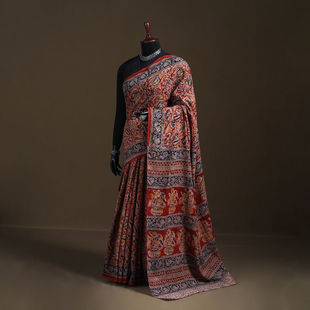 Red - Pedana Hand Block Print Natural Dyed Cotton Kalamkari Saree 46