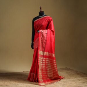 Red - Pure Handwoven Mangalagiri Silk Cotton Pattu Saree With Zari Border 12