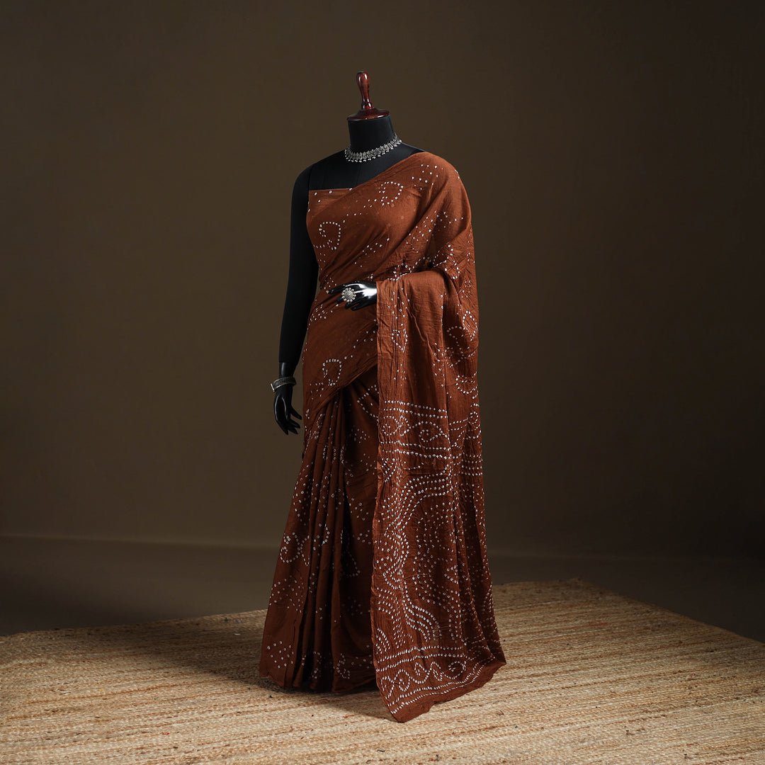 Brown - Kutch Tie-Dye Pure Mul Cotton Rai Bandhani Saree With Blouse Piece 04