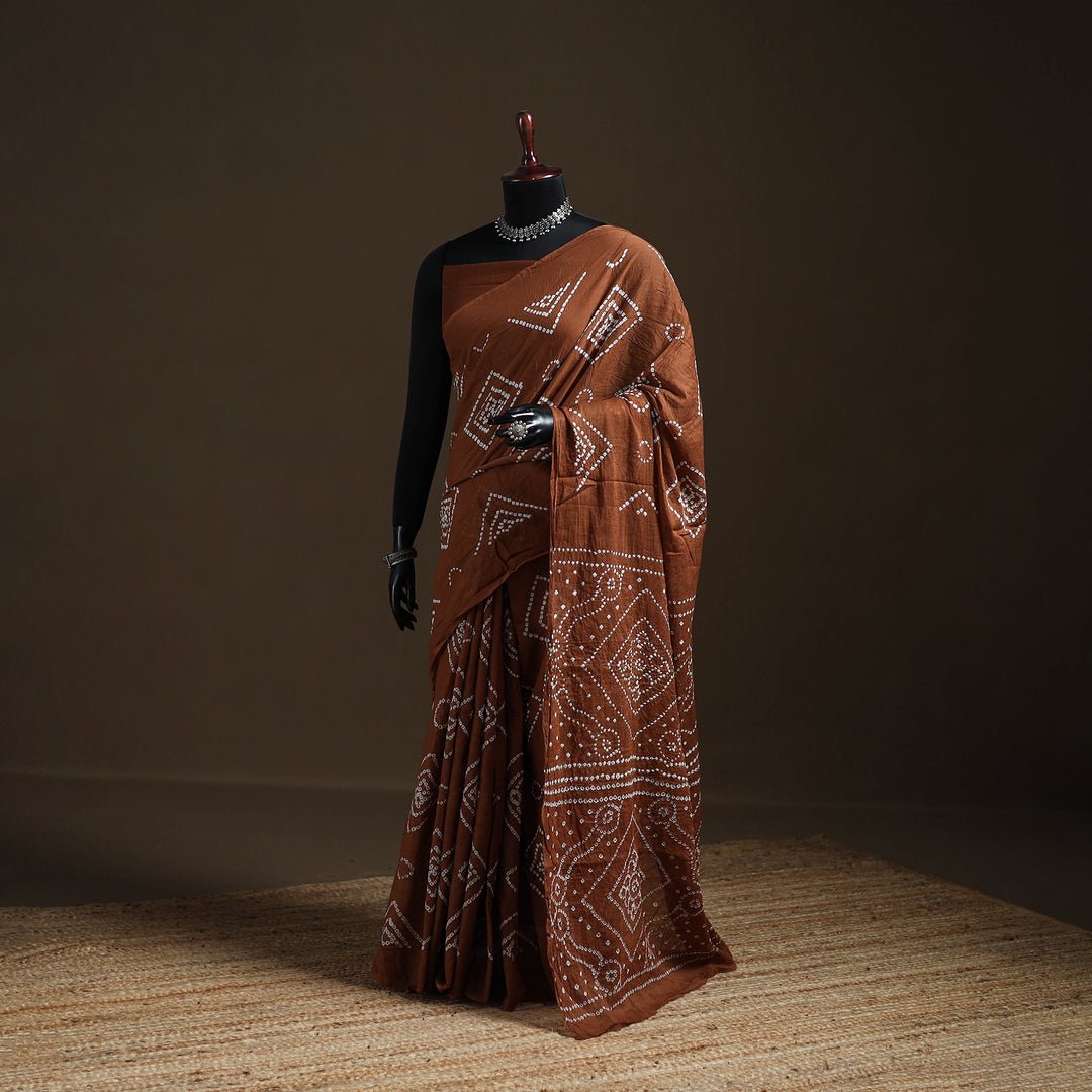 Brown - Kutch Tie-Dye Pure Mul Cotton Rai Bandhani Saree With Blouse Piece 14