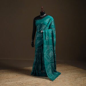 Green - Kutch Tie-Dye Pure Mul Cotton Rai Bandhani Saree With Blouse Piece 22