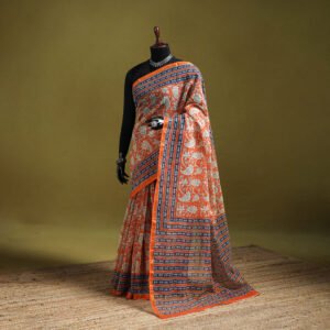 Orange - Sanganeri Hand Block Print Kota Doria Cotton Saree 01