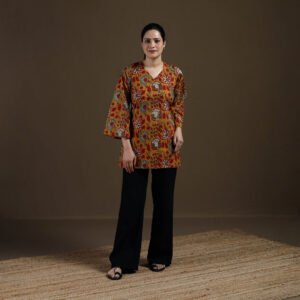 Yellow - Sanganeri Hand Block Print Cotton Short Kurta For Women 04