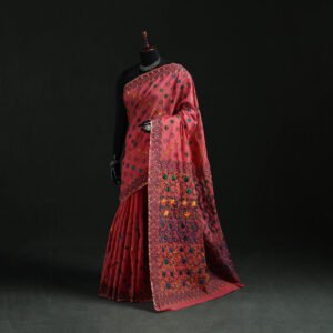 Pink - Bengal Kantha Hand Embroidery Silk Cotton Chapa Work Saree 76