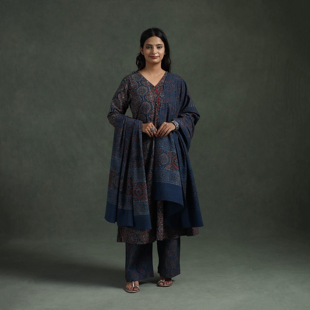 Blue - Ajrakh Hand Block Print Natural Dyed Cotton Suit Set With Dupatta For Women 06