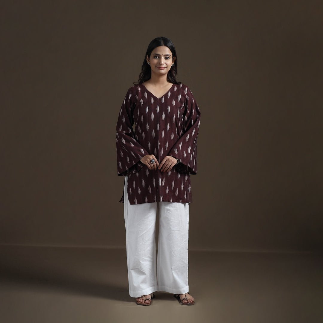 Brown - Pochampally Ikat Cotton Short Kurta For Women 23