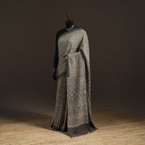 Beige - Handwoven Merino Wool Natural Dyed Hand Block Print Ajrakh Saree 13