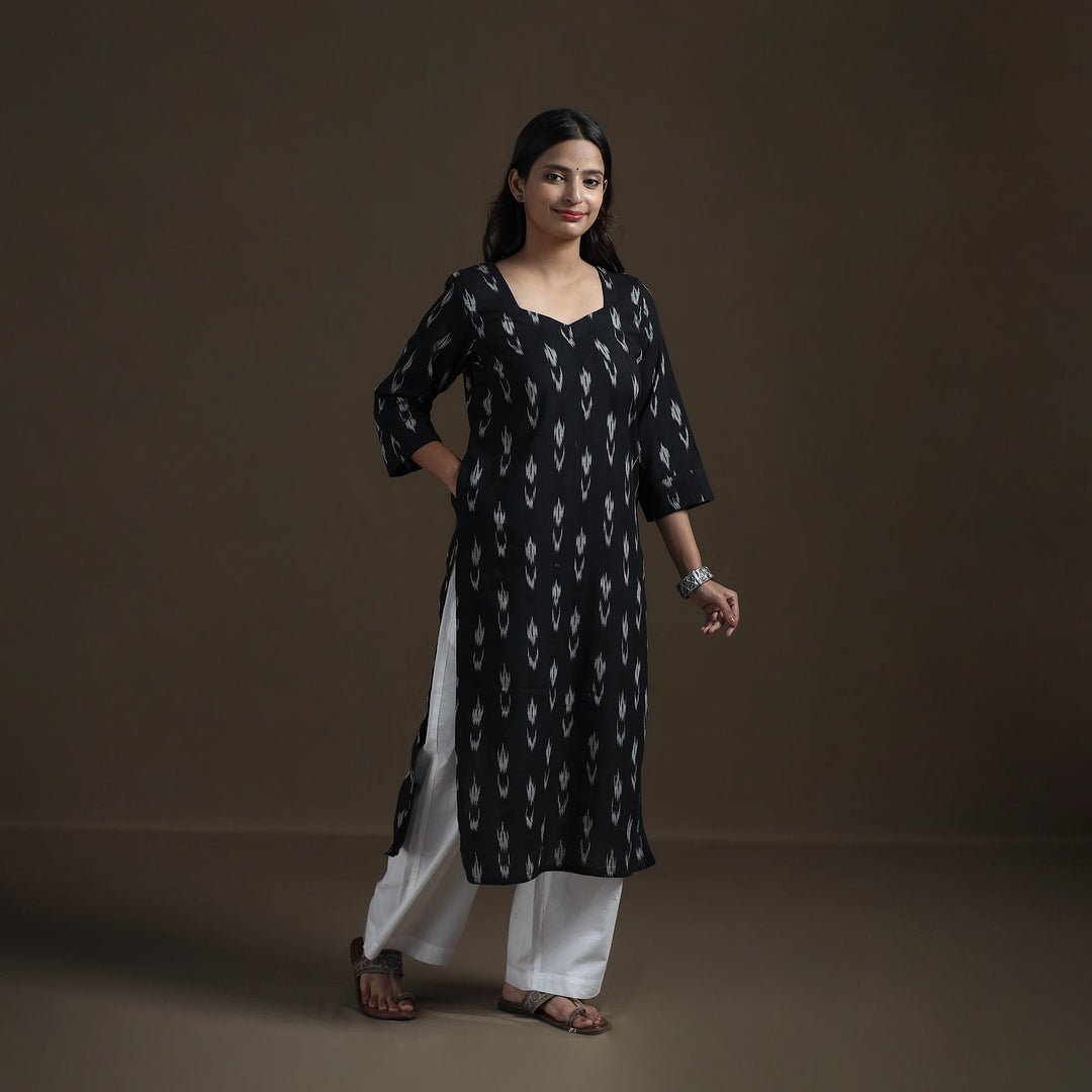 Black - Pochampally Ikat Cotton Straight Kurta For Women 16