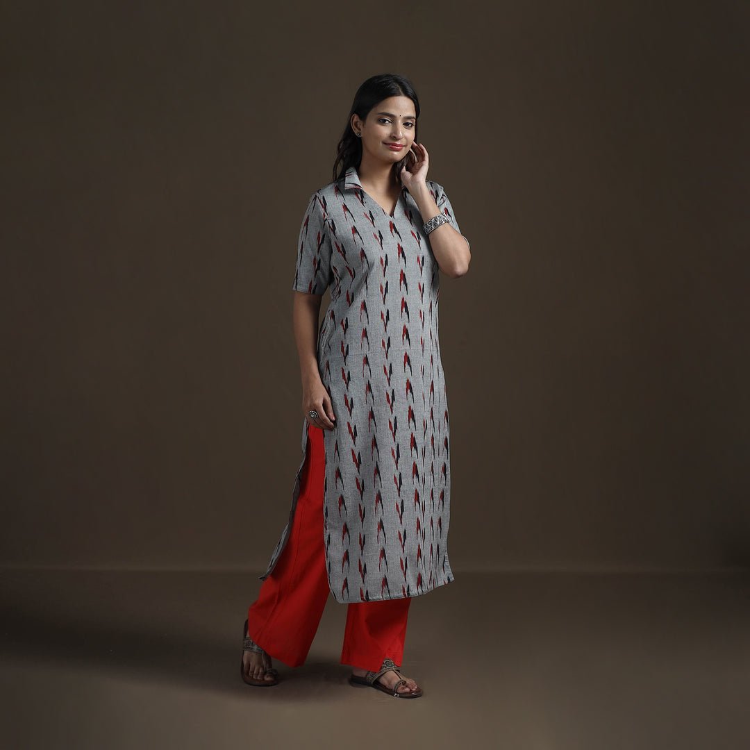 Grey - Pochampally Ikat Cotton Straight Kurta For Women 15