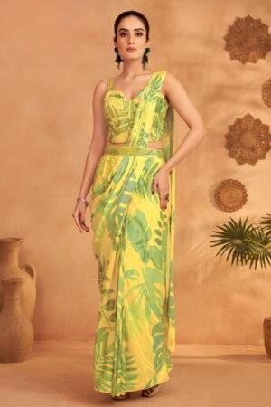 Yellow Digital Print Readymade Saree With Beads And Sequins Work Readymade Blouse