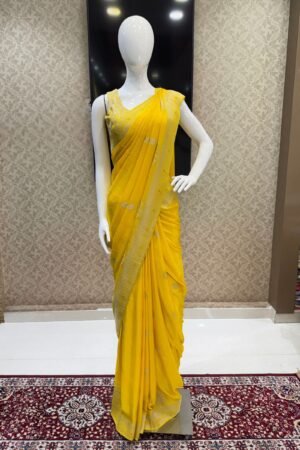 Yellow Banaras Zari Work Saree With Zari And Sequins Work Readymade Blouse