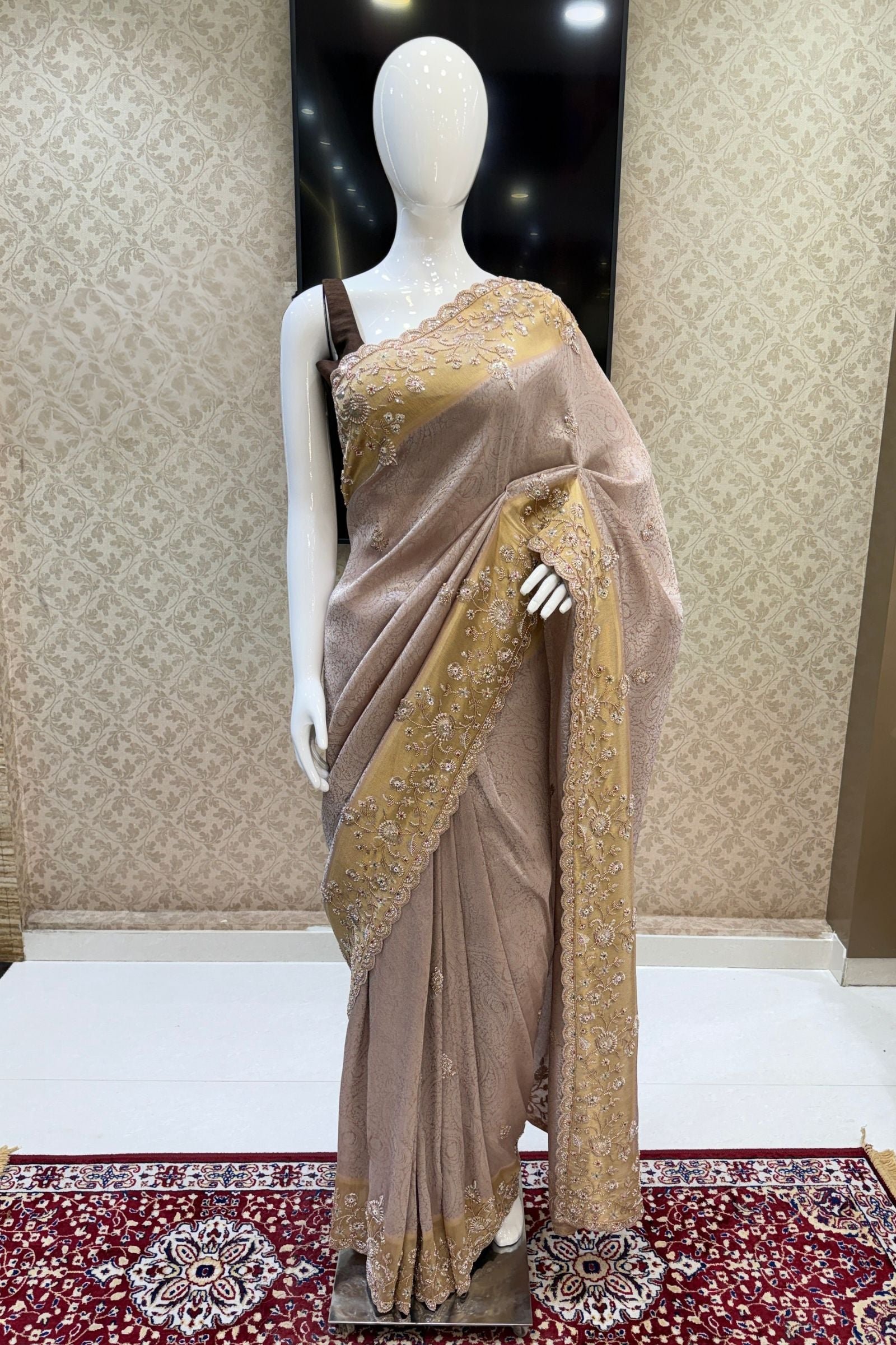 Onion Pink Banaras, Beads, Sequins And Zari Work Saree