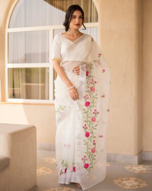 Safed White Doria Embroidered Saree