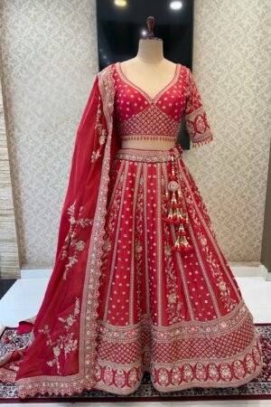 Coral Red Handworked Zardozi, Sequins, Pearl And Beads Work Crop Top Designer Bridal Lehenga