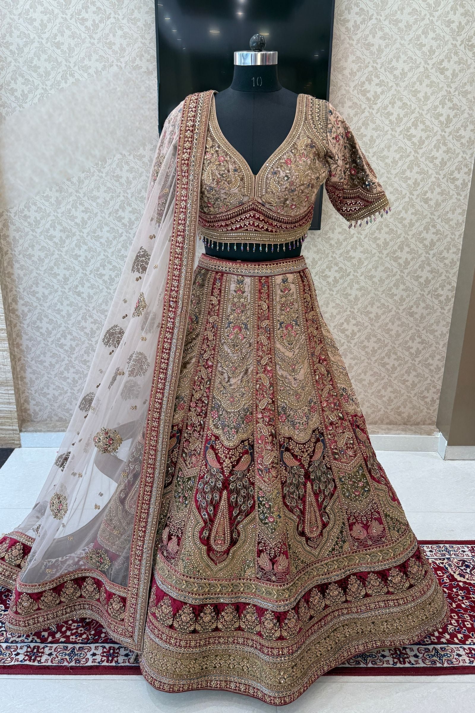 Maroon With Chiku Sequins, Beads, Zari And Stone Work Crop Top Designer Bridal Lehenga