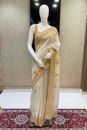 Cream Beads And Zari Work Saree