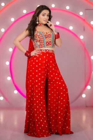 Fiery Red Fit To Flare Buti Work Palazzo...