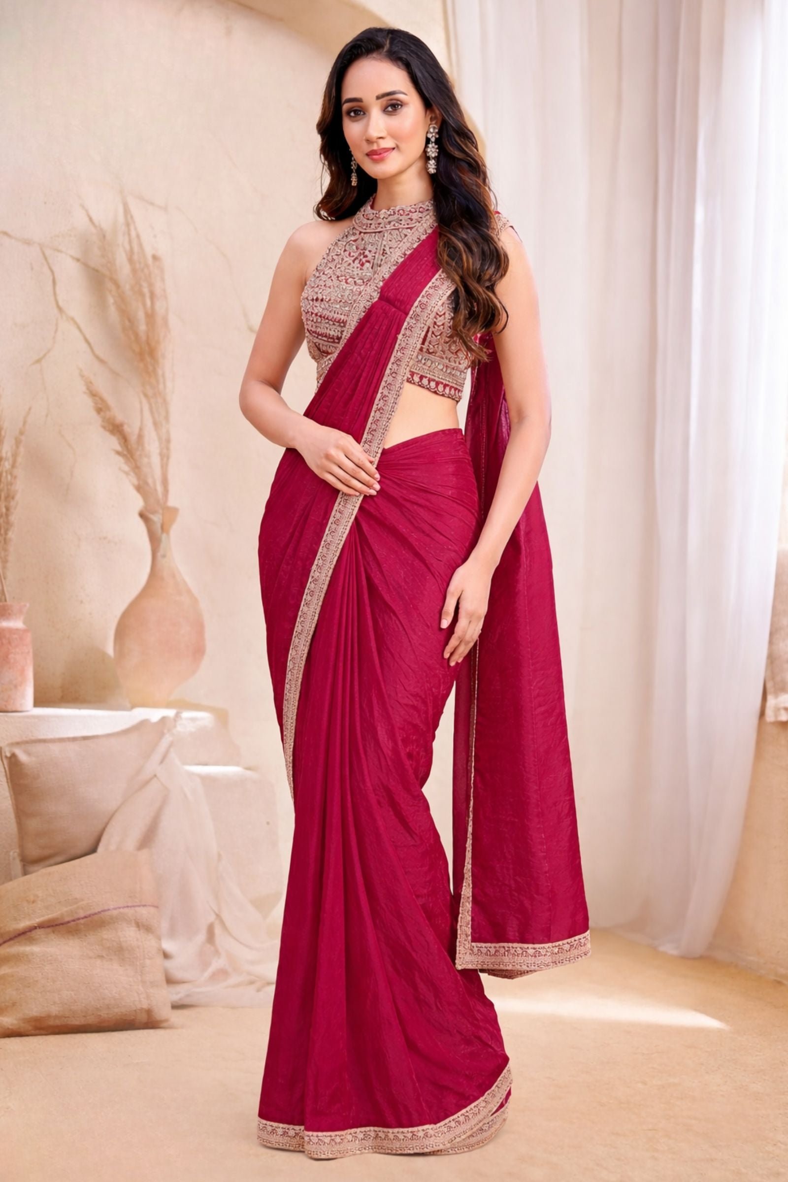 Rani Pink Readymade Saree With Pearl, Zari, Mirror And Stone Work Readymade Blouse