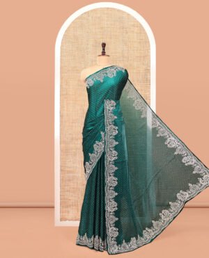 Green Designer Saree, Entralled With Stone Struck All Over Its Body, Highlighted By Peacock Stone Work Border, And Paired With A Matching Blouse