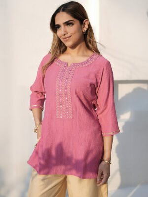 Pink Woven Design Cotton Blend Straight...
