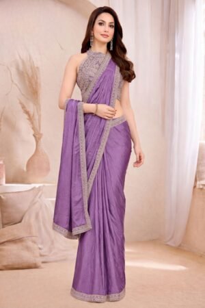 Lavender Readymade Saree With Pearl, Zari, Mirror And Stone Work Readymade Blouse