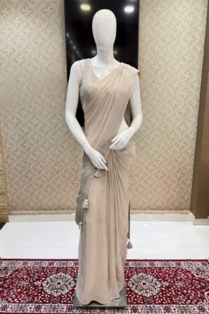 Light Beige Banaras Zari Work Saree With Zari And Sequins Work Readymade Blouse