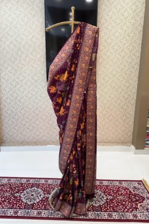 Wine Banaras And Traditional Woven Animal Motifs Work With Bandhani Print Saree