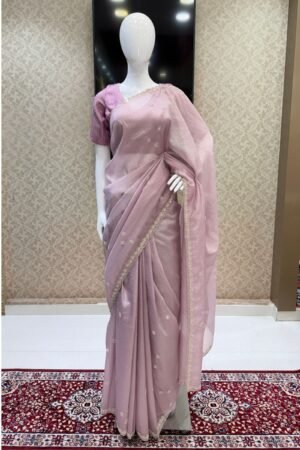 Lavender Saree With Sequins, Pearl And Beads Work
